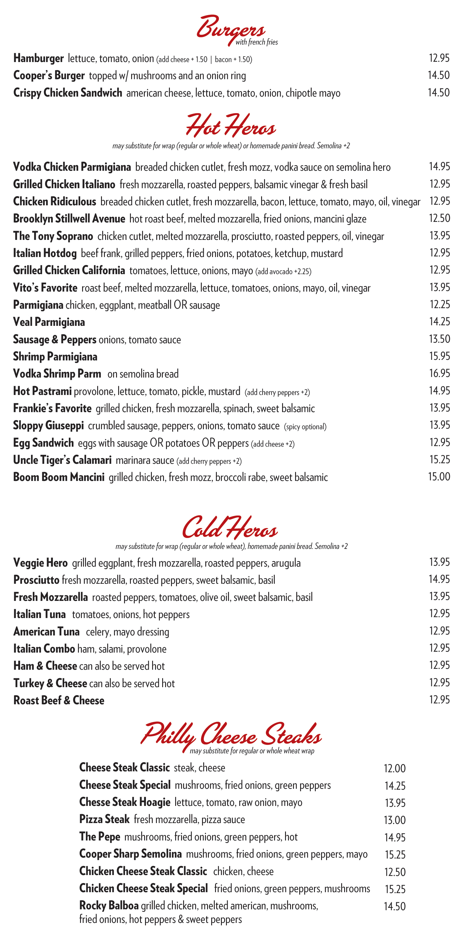 BURGERS - COLD & HOT HEROES & CHEESESTEAK